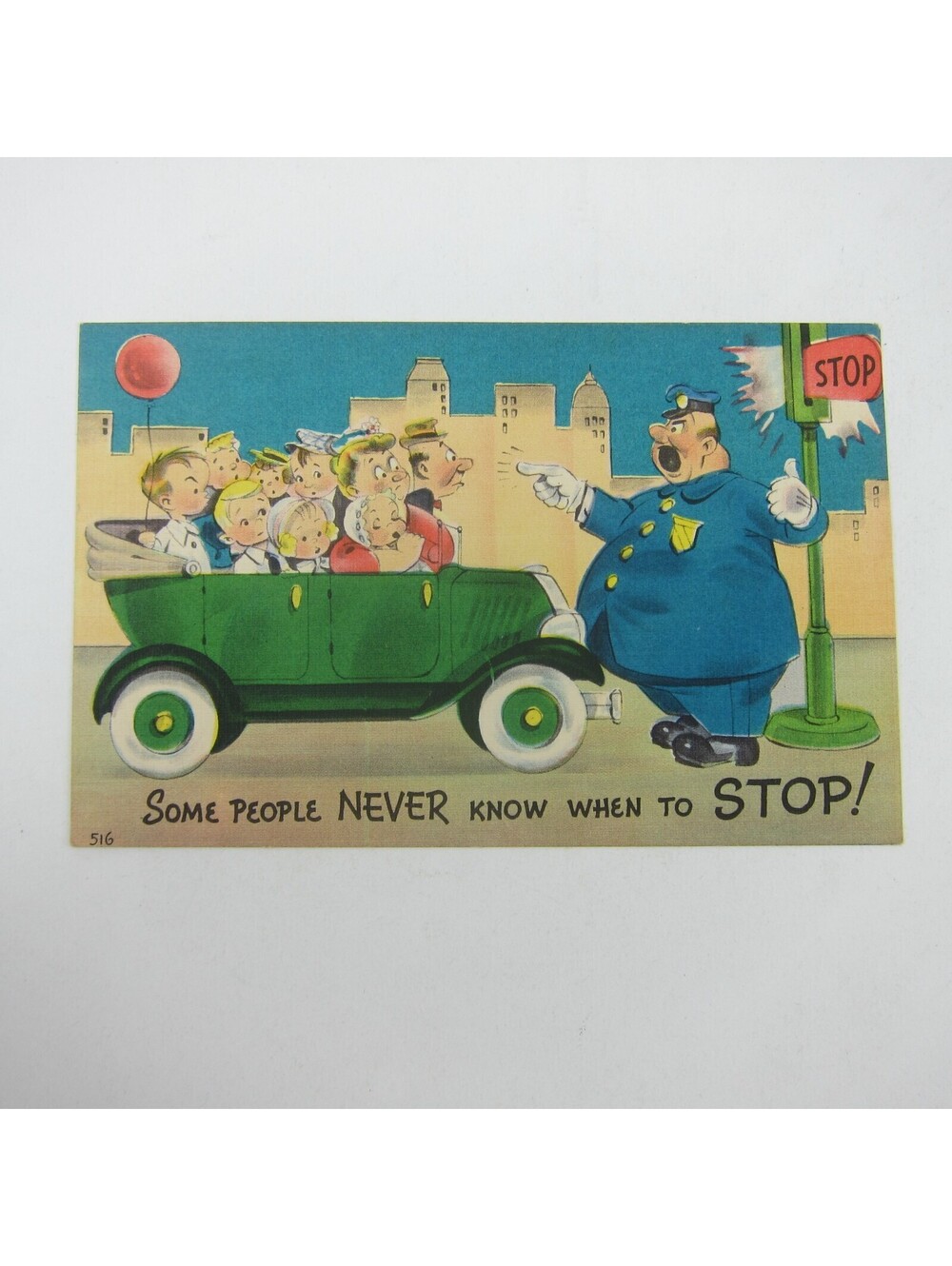 Linen Postcard Comic Police Officer Stop Automobile Family In Car Humor Vintage